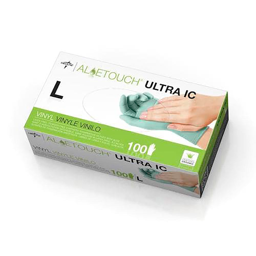 Guante no estéril de uso clínico de vinil con aloe, talla L.