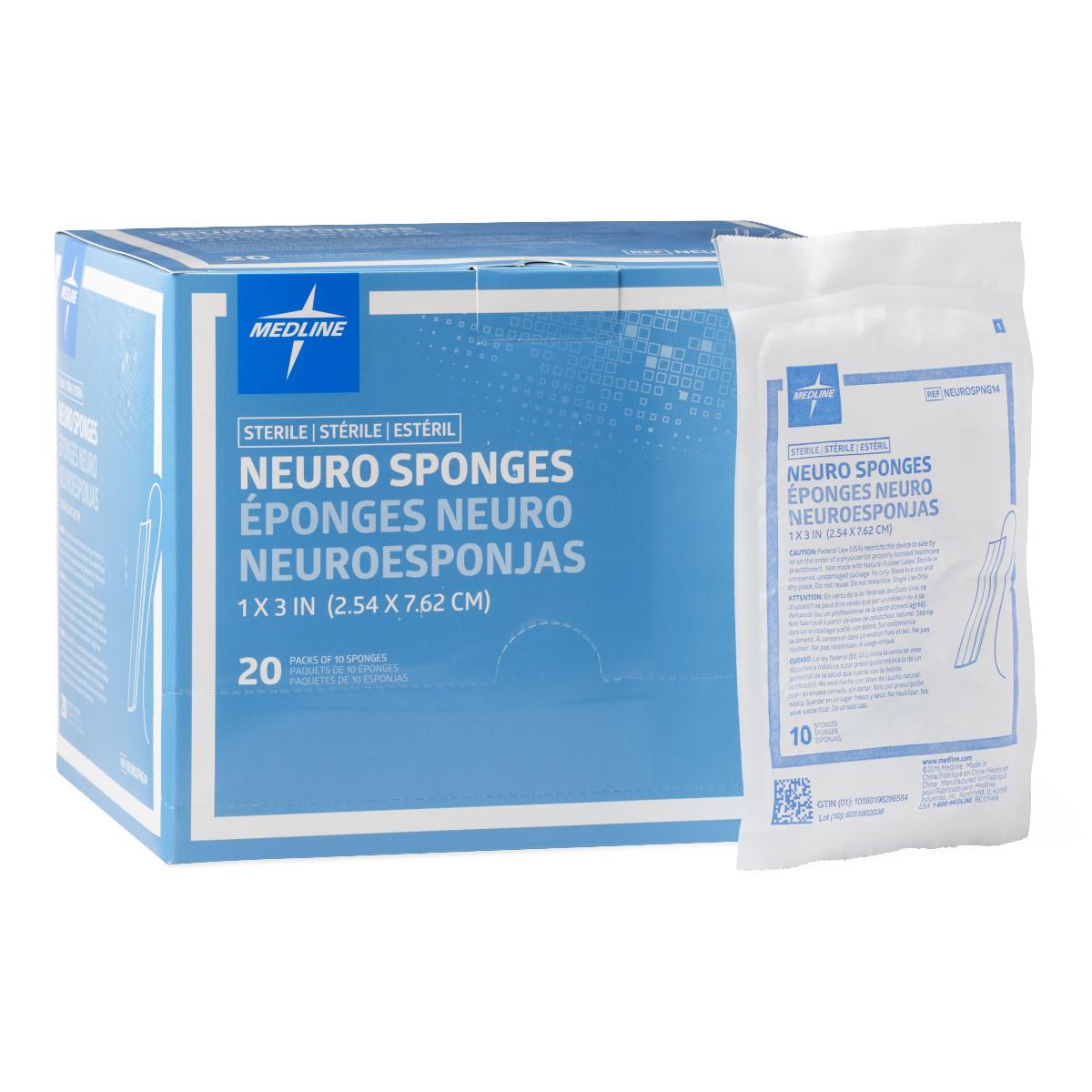 Esponja neuroquirúrgica estéril detectable por rayos X, 1" x 3", pack de 10